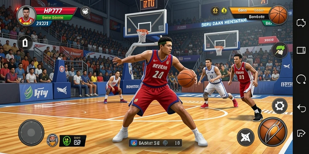 Antarmuka permainan HP777 menampilkan aksi basket yang intens dan menarik.